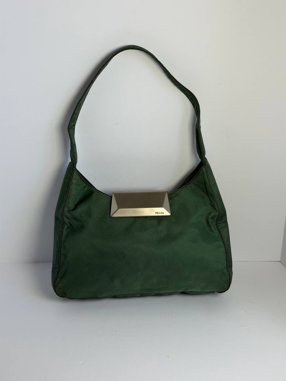 Prada 97s Archive Collection Tessuto Green Nylon Shoulder Bag w Silver Clasp